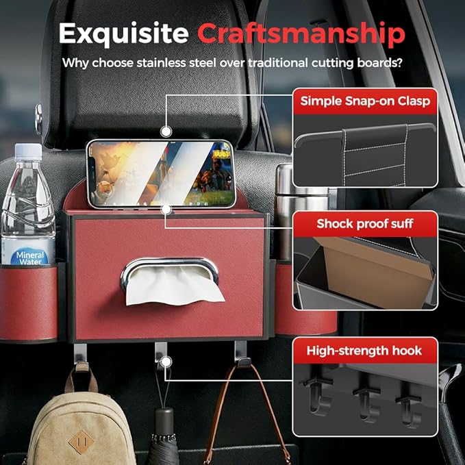 3-in-1 Car Backseat Organizer with Cup Holder, Tissue Box, Trash Bin & Hooks,Multifunctional Back Seat Car Organizer for Hold Phones, Snacks, Drinks, and Handbags (A-Beige)