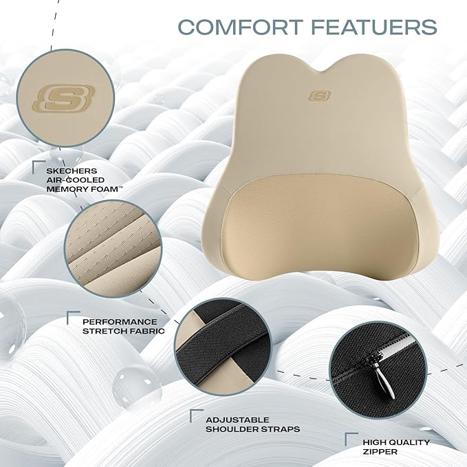 Skechers Air-Cooled & Memory Foam Lumbar Pillow,Lumbar Support Pillow for Office,Chair Lower Back Pain Relief Lumbar Pillow,Ergonomic Design Back Support Pillow for Office Chair,Car,Home,Travel,Beige