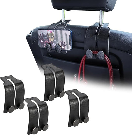 4 PCS Leather Car Seat Hooks for Headrest, Vehicle Hanger Storage Organizer Universal for Handbag Purse, Car Accessories Gift (Black-Black-4 PCS)