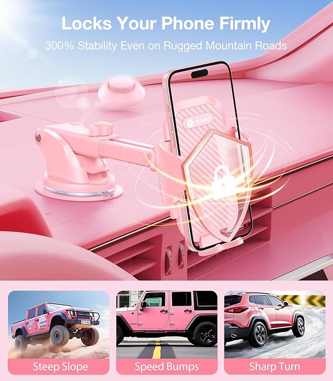 VICSEED Pink Phone Holders for Your Car, [True Military-Grade Shockproof Strongest Suction Power], 3-in-1 Dashboard Windshield Vent, Truck Boat Stand Cell Phone Mount for iPhone Android All Phones