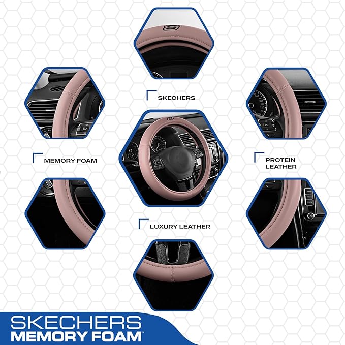 Skechers Memory Foam Pink Steering Wheel Cover,Grade Protein Leather Steering Wheel Cover,Universal Fit 14" 1/2-15" Car Wheel Cover for Women Stylish Decor Gifts Fit Suvs,Vans,Sedans,Car,Trucks,Pink