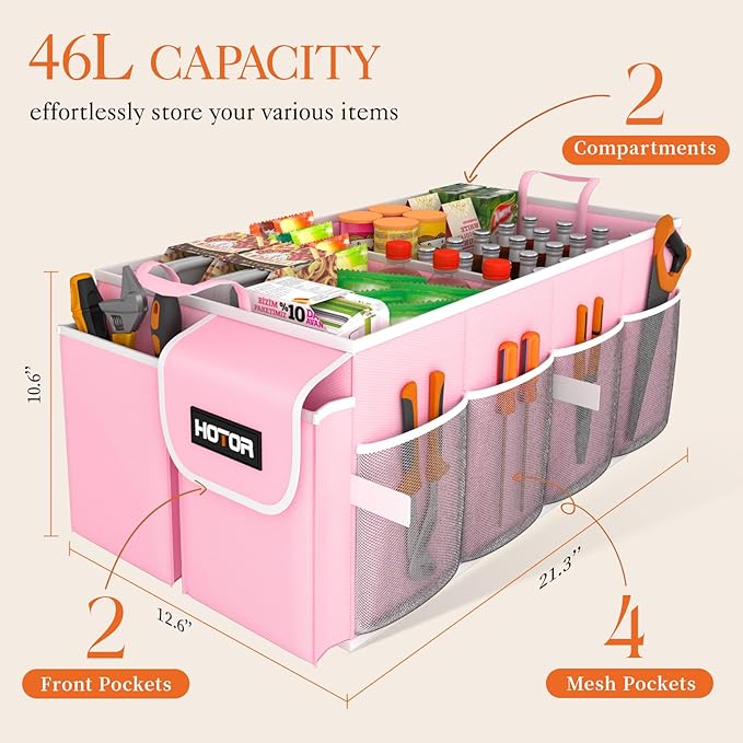 HOTOR Foldable Trunk Organizer for SUVs & Sedans, Pink, 2 Compartments, 21.3"12.6"10.6