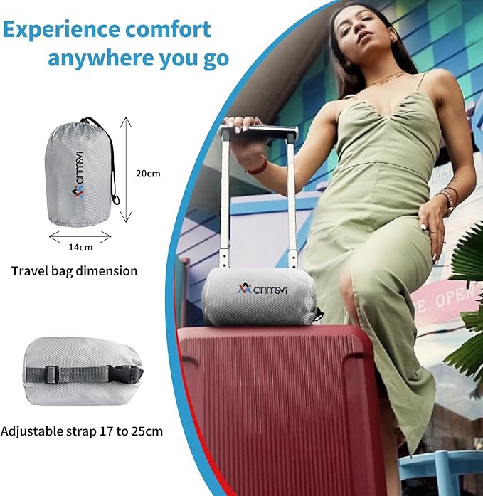 Inflatable Travel Seat Cushion with Built-in Pump & Carry Bag (Grey Cushion with Silver Storage Bag)