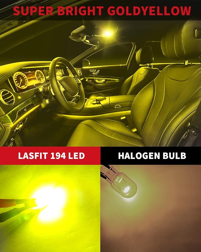 LASFIT194 LED Bulb, Extremely Bright T10 168 2825 W5W Wedge 3030 Chipsets 400 Lumens, Error Free for Car Interior Dome Map Door Courtesy Lights, Golden Yellow，12-24V