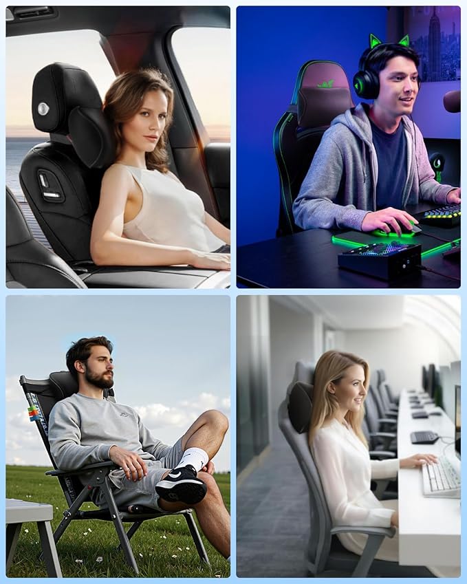 Aukee Car Headrest Pillow with Genuine Leather Cover Memory Foam Neck Cushion for Driving Home Office Black (Pack of 2)