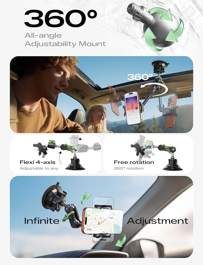 MAGIC JOHN Car Phone Holder, Ultra-Durable Mteal Phone Holders for Your Car, 360° Rotation Cell Phone Car Mount for Windshield, Suction Cup Car Phone Mount for iPhone Samsung All Smartphone