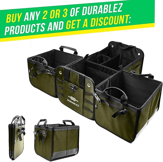 4-Section Extra Large Trunk Organizer – Heavy Duty 1680D, Collapsible & Foldable Cargo Organizer, Modular Multi-Shape Storage System for SUVs, Trucks, Vans – Green