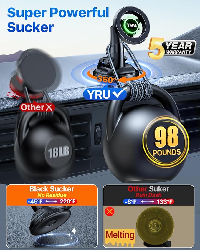 YRU [Truely Upgrade & Patent] Car Phone Holder for Magsafe [98+LBS Strongest Suction & Enhanced Magnetic] Dashboard Car Mount Windshield Vent Phone Stand for iPhone 17/16/15/14/13/12 Pro Max, Black