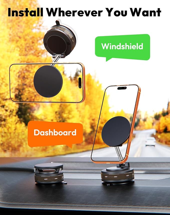 Meifigno Upgraded Cell Phone Holder for MagSafe, Magnetic Adjustable Car Phone Holder, Vacuum Suction Cup Phone Mount Compatible with iPhone 17 Pro Max and All Smartphones