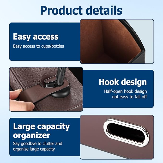 Multifunctional Car Back Seat Storage Organize, 2026 Upgrade 3-in-1 Car Backseat Organizer with Cup Holder, Tissue Box, Trash Bin & Hooks, for Hold Phones, Snacks, Drinks, and Handbags (Red-brown)