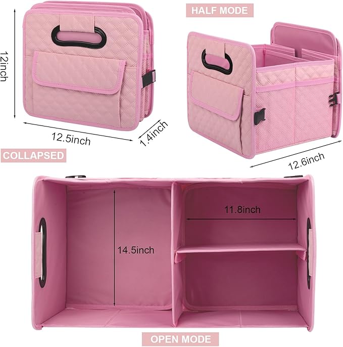 JiatuA Car Trunk Organizer for SUV, Car Storage Organizer Collapsible Multi Compartment Container Box, Adjustable Car Accessories for Women/Men, Large Pink