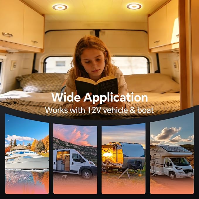 7.3 Inch 12 Volt LED Ceiling Dome Light, 720LM Dimmable Interior Light for RV Boat Camper Van Caravan Truck Motorhome Interior Lighting, Blue Light & Touch Switch(Warm White)