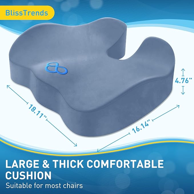 BlissTrends Seat Cushion,Thick Memory Foam Cushions for Office Chair, Car Seat, Airplane, Relieving Pressure Tailbone Sciatica Back Pain for Office Workers, Car Drivers 4.7in Thick LightBlue