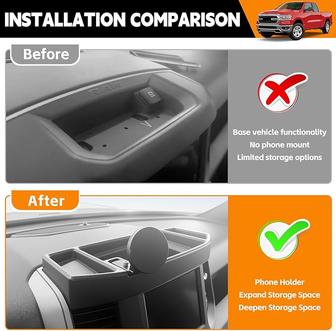 5" 8.4" Screen Dashboard Phone Holder Compatible with 2019-2026 Ram 1500 2500 3500 w/12V Outlet Part Center Console Organizer Dash Tray Phone Mount for 2025 RAM Accessories(DodgeRam 2019-2026)