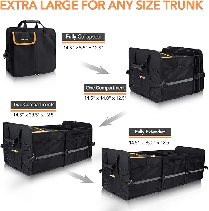 HEYTRIP Large Trunk Organizer With Built-in Leakproof Cooler Bag, 2 Tie-Down Straps, 4 Removable Dividers, Foldable Cover, Built with 2mm PE Board