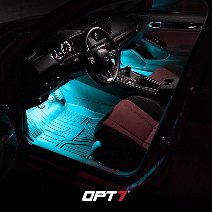 OPT7 Aura Pro Interior Car Lights with App & Remote Control, Multicolor Change, Music Sync Inside Ambient Lighting Kit, Car SUV Van Under Dash Decor, 12V Charger Adapter, 4PC Single Row LED Strip