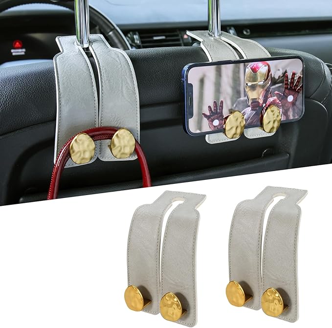 2PCS Leather Car Seat Hooks for Headrest, Vehicle Hanger Storage Organizer Universal for Handbag Purse, Car Accessories Gift (Grey-Gold)
