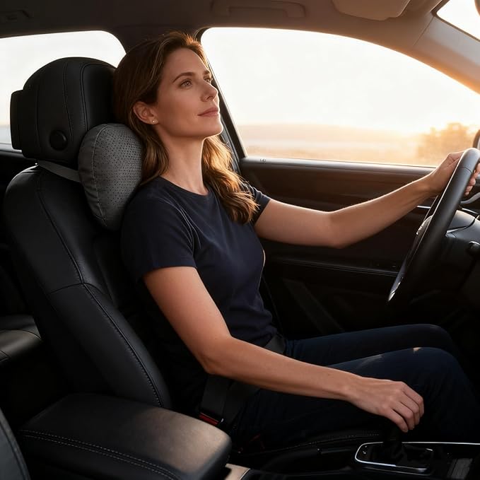 2 Pack Car Neck Pillows, PU Leather Car Headrest Support with Adjustable Strap, Ergonomic Dupont Bio Cotton Head Rest Pillow for Road Trips & Daily Commutes (Black, Soft Style)