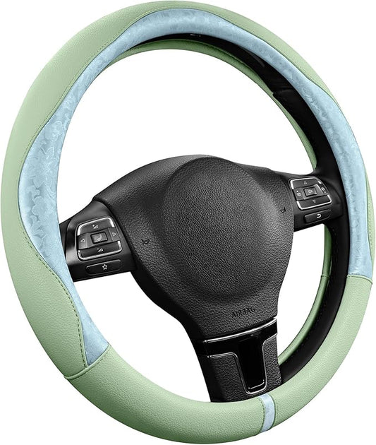 PIC AUTO Steering Wheel Cover, Light Blue Patterned & Green Leather Patchwork Design, Universal Fit 14.5"–15.5", Anti-Slip, Odor-Free, Soft Grain Leather, Durable Grip Car Accessory for Girls & Women