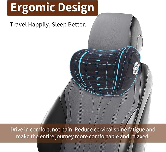 2 Pack Car Headrest Pillow, Extra Soft Car Pillow, 100% Memory Foam Car Neck Pillow for Driving - Universal Fit Travel Car Rest Pillow for Pain Relief While Driving(Comes with 2 Eye Masks)