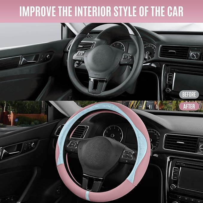 PIC AUTO Steering Wheel Cover, Light Blue Patterned & Pink Leather Patchwork Design, Universal Fit 14.5"–15.5", Anti-Slip, Odor-Free, Soft Grain Leather, Durable Grip Car Accessory for Girls & Women