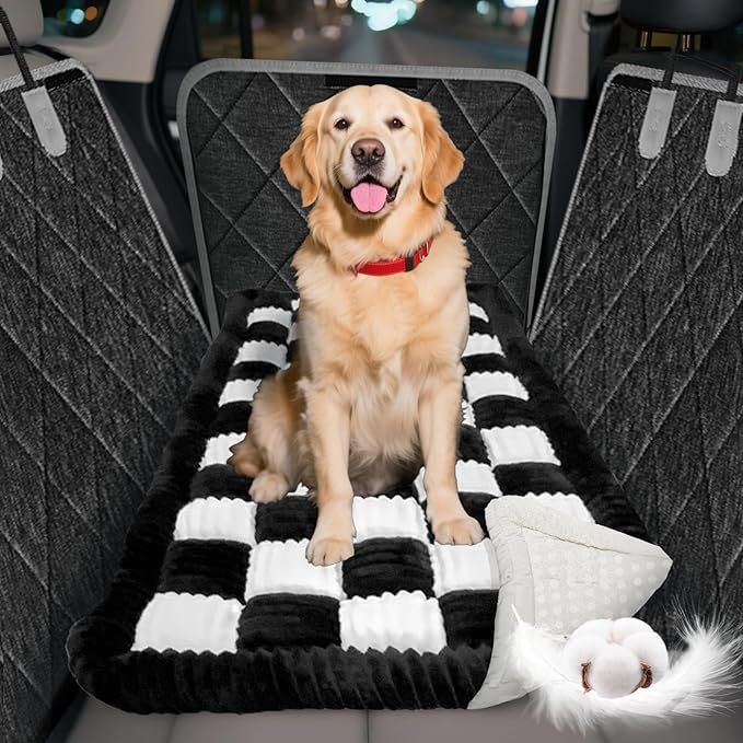Thickened Dog Bed for Car Back Seat, Upgraded Bottom Non-Slip, Fits Hard Bottom car seat Cover for Dogs, Premium Mixed Color, Dog Car Seat Cover (Black-White)