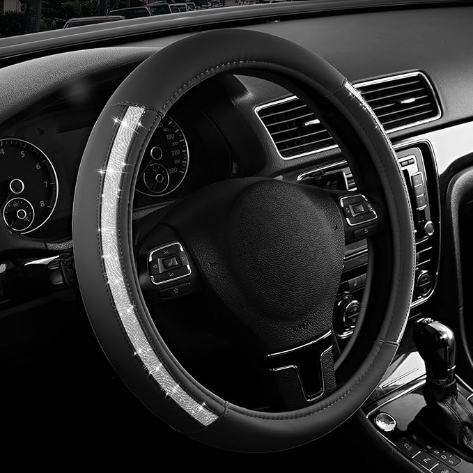 Road Comforts Steering Wheel Cover, Silver Bling Glitter with Black Leather, Universal Fit 14.5"-15.5" Wheel Cover for Women & Girls, Anti-Slip Protector for Cars, Trucks, Vans, SUVs