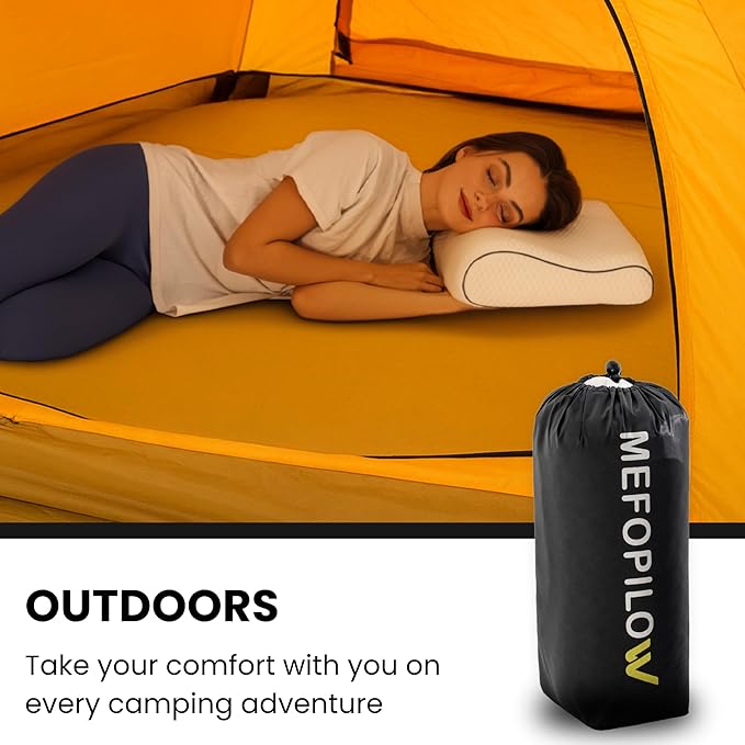 Memory Foam Travel Pillow with Washable Cover & Carry Bag – Compact, Soft & Breathable Neck Pillow for Airplane, Camping & Car (White- with Extra Gray Cotton Cover, 13.8x11.8x3.9/3.1 inches)