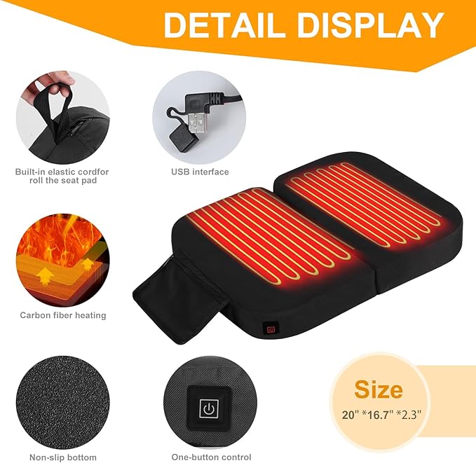 Extra Wide Heated Seat Cushion with 10000 mAh Mobile Bank Pack, Foldable Heated Stadium Seats for Bleacher, Portable Heating Pad Stadium Seat Cushion, USB Heating Seat Pad for Stadium Camping