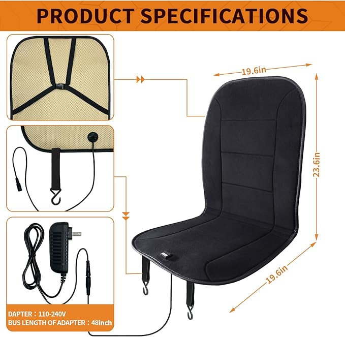 MAXCOM 12V UL Heated Seat Cushion - Heating Pad with Pressure-Sensitive Switch & 12H Timing & 7-Temperature Adjustable - Seat Cover Warmer for Home, Office Chair