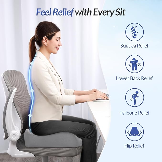 ZIKEE Pioneering Seat Cushion for Pressure Relief, Ergonomic Office Chair Cushion for Sciatica, Back, Hemorrhoids & Tailbone Pain Relief, High-Density Memory Foam Car Seat Cushion with Anti-Slip Base