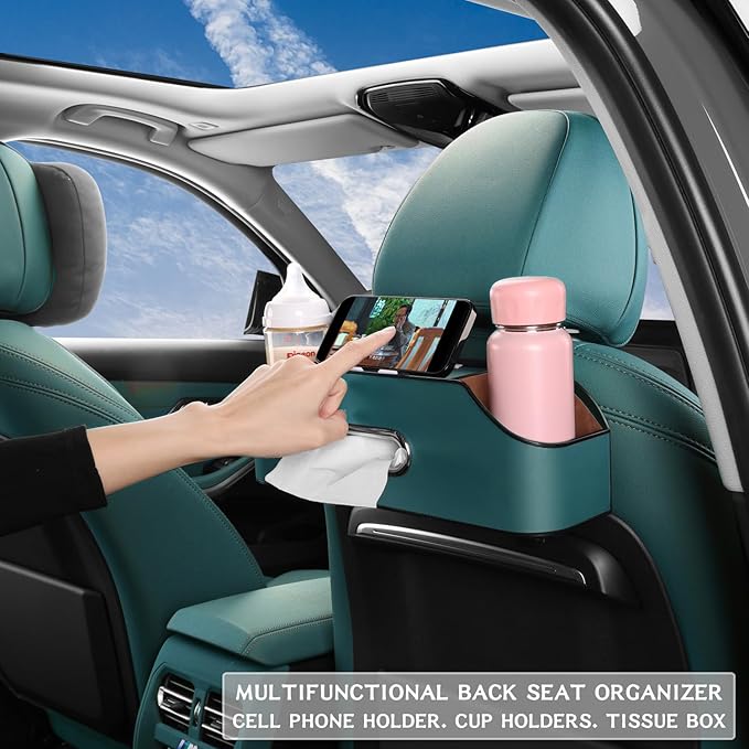Car Seat Back Organizer - Stylish & Functional Storage for Family Adventures - Cup Holders, Tissue Box & Hooks - Perfect for Kids, Road Trips & Travel (Navy Blue)