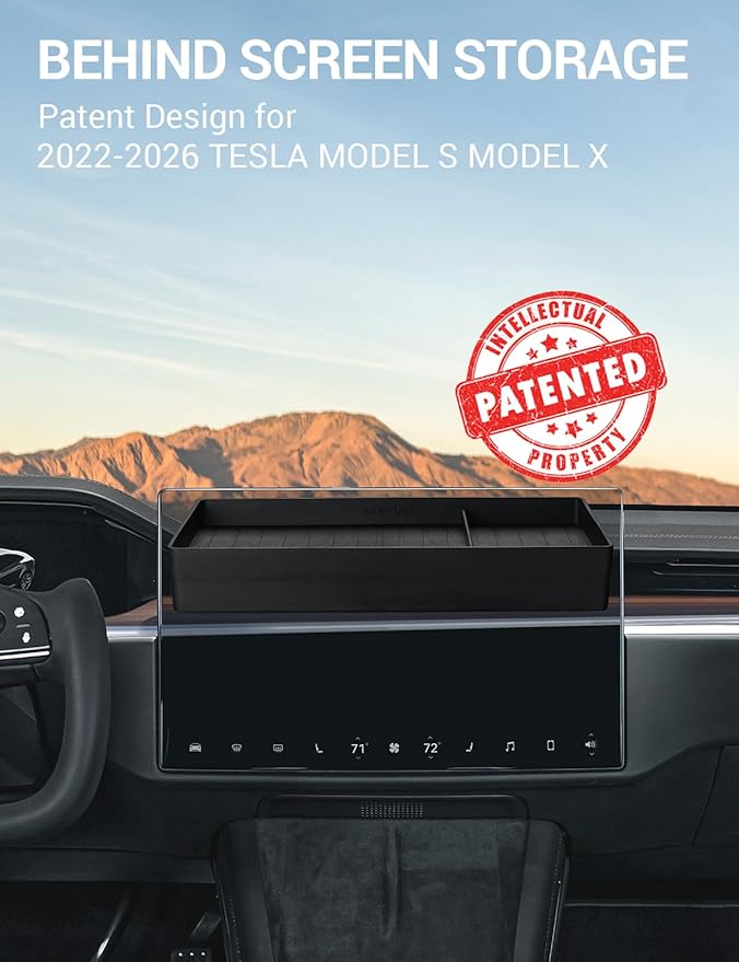 BASENOR 2022-2026 Tesla Model X Model S Center Console Organizer Behind Screen Storage Box, Dashboards Hidden Tray, Non-Slip Sunglasses Card Tissue Holder, Accessories for Refresh Plaid Long Range