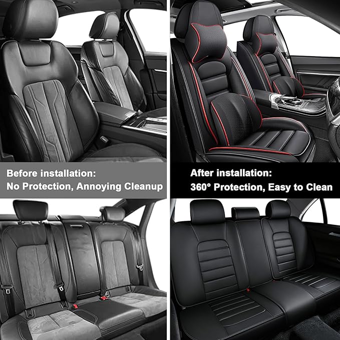 5 Car Seat Covers for Audi A4 2002-2026 Breathable Leather,Waterproof Car Seat Protectors with Comfort Headrest Pillows,Automotive Vehicle Cushions with Storage Pockets (Luxury,Redline)