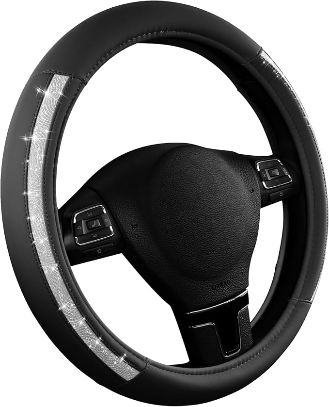 Road Comforts Steering Wheel Cover, Silver Bling Glitter with Black Leather, Universal Fit 14.5"-15.5" Wheel Cover for Women & Girls, Anti-Slip Protector for Cars, Trucks, Vans, SUVs