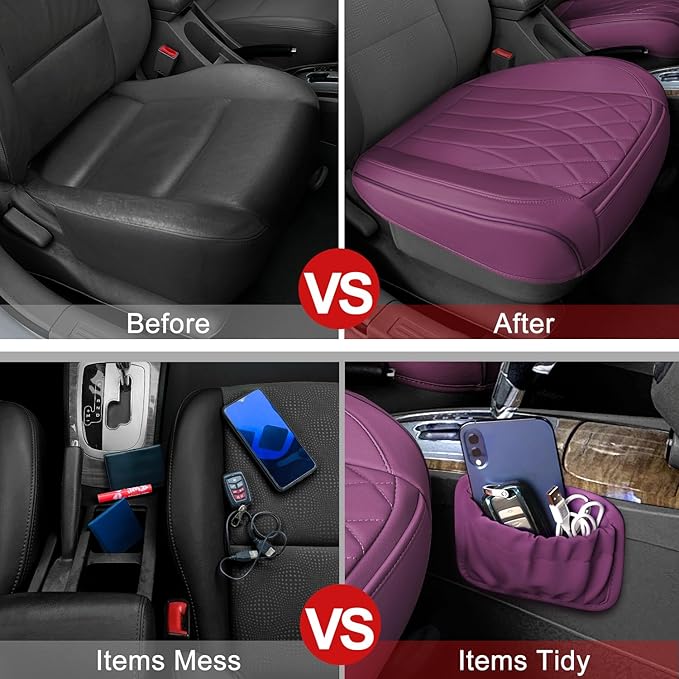 2 Pack Leather Front Car Seat Cover Bottom Car Seat, Universal Anti-Slip Driver Car Seat Protectors with Storage Pocket, Waterproof Bottom Auto Seat Cushion Pad Mat for Most Vehicles(Purple)