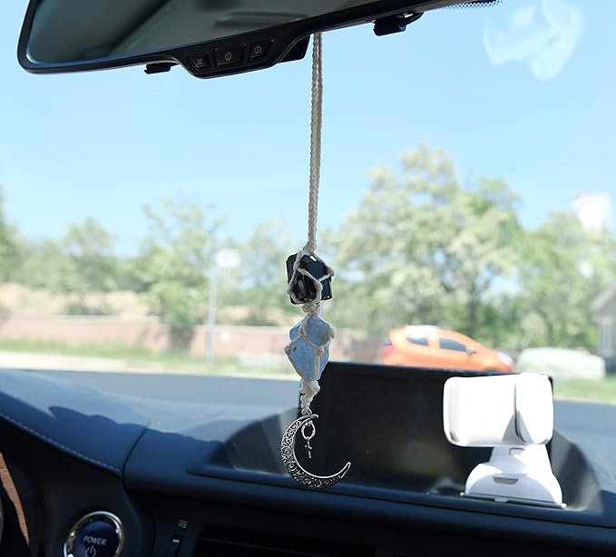BOHO GARDEN Hanging Car Charm - Black Tourmaline & Blue Calcite - Dangling Moon & Healing Crystal Accessories, Rearview Mirror Decorations - Confidence, Calmness, Creativity, Protection, Communication
