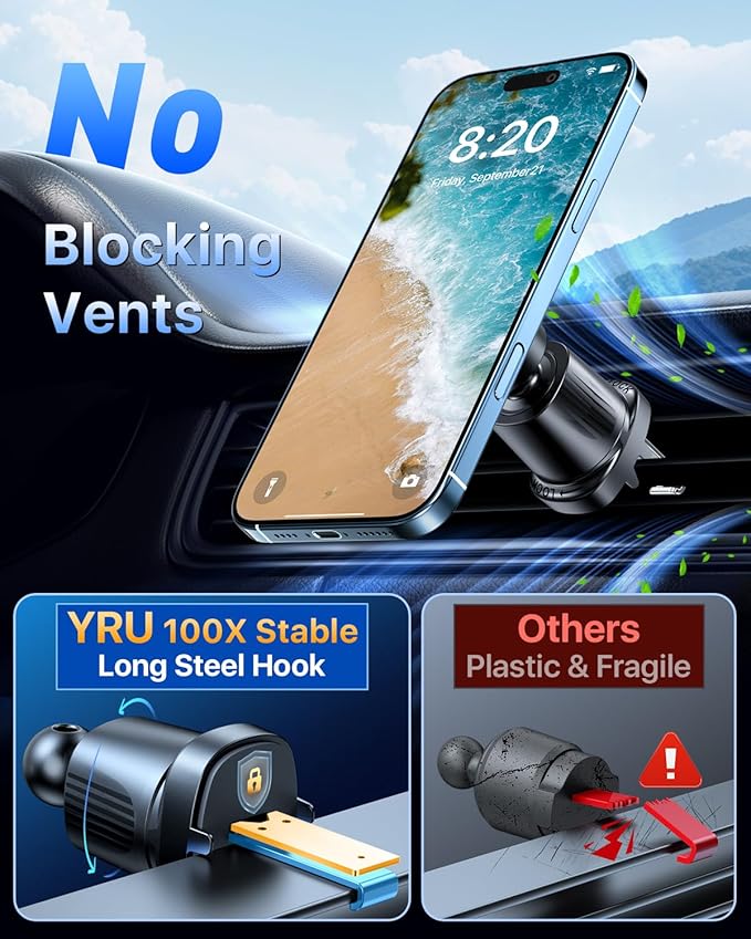 YRU [Truely Upgrade & Patent] Car Phone Holder for Magsafe [98+LBS Strongest Suction & Enhanced Magnetic] Dashboard Car Mount Windshield Vent Phone Stand for iPhone 17/16/15/14/13/12 Pro Max, Black
