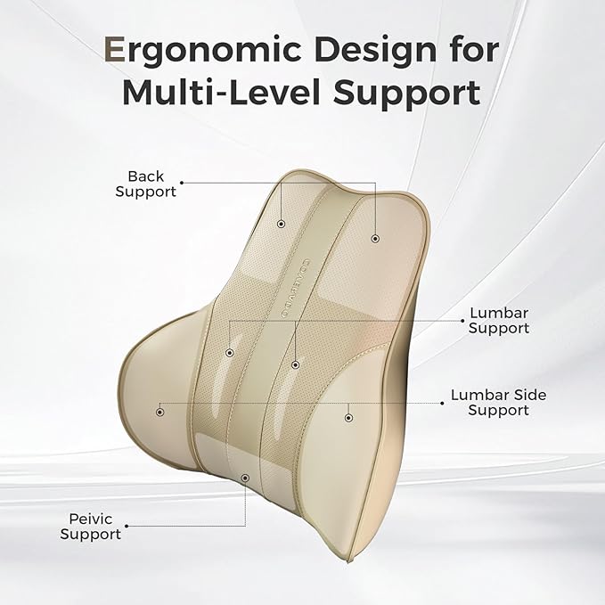 Coverado Lumbar Support Pillow for Car, Ergonomic Memory Foam Back Pillow for Office Chair, New Back Cushion for Pain Relief, PU Leather Car Lumbar Support for Driving Seat