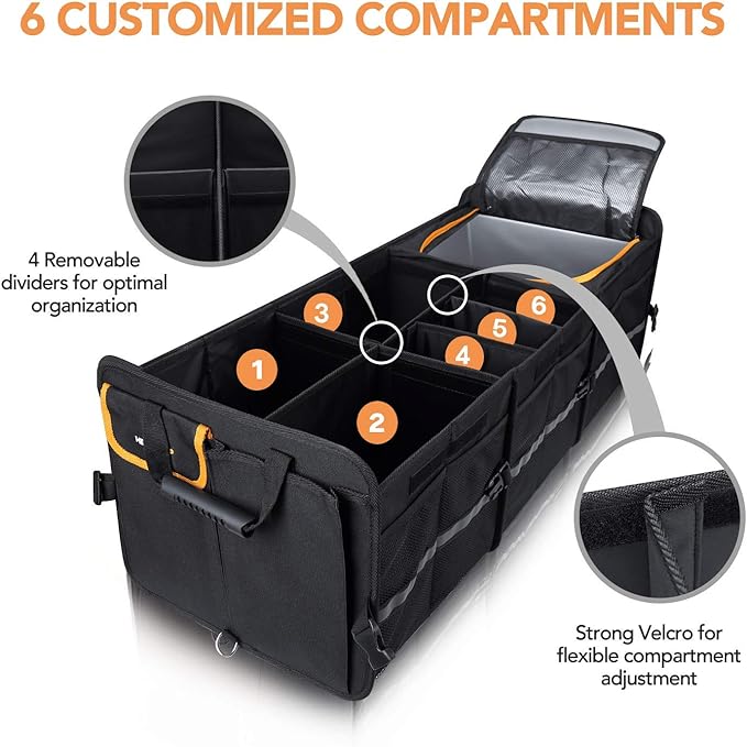 HEYTRIP Large Trunk Organizer With Built-in Leakproof Cooler Bag, 2 Tie-Down Straps, 4 Removable Dividers, Foldable Cover, Built with 2mm PE Board