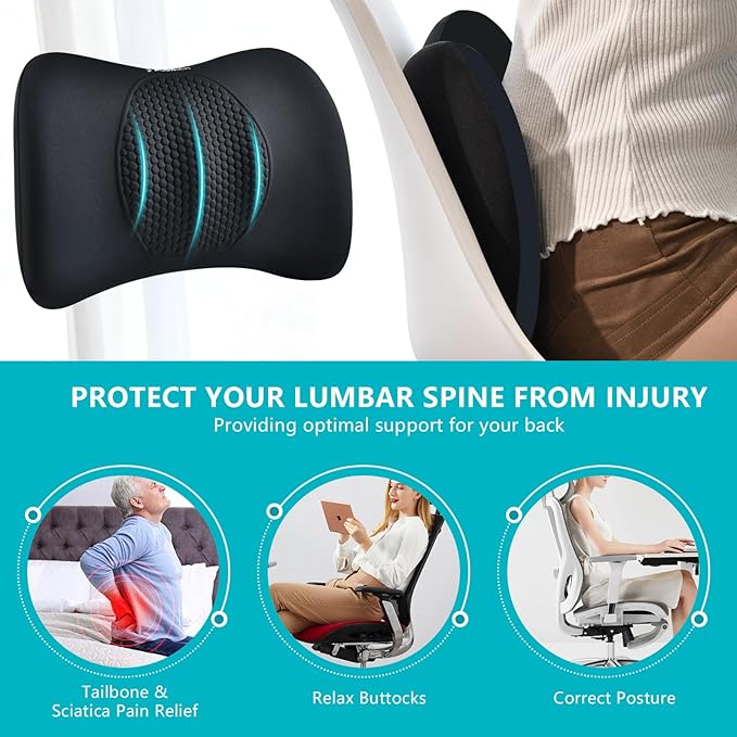 FLORICH 3 PCS Seat Cushion for Carseat Lumbar Support Pillow Car Neck Headrest Pillows Memory Foam Gel Memory Foam Massage Point Seat Pads Pressure Relief Back Cushion for Office Chair(Light Black)