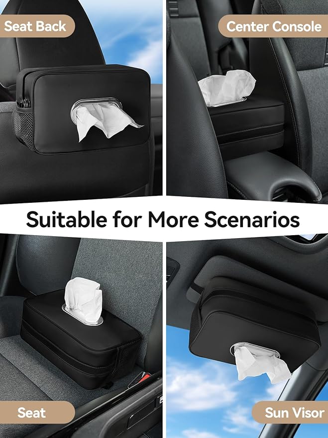 Multi-Functional Car Tissue Holder with ‌2 Storage Nets, Upgraded PU Leather Tissue Box Cover, Large Rectangle Napkin Organizer Fit for 100-150 Regular Size Tissues, Keep Car Tidy, Black