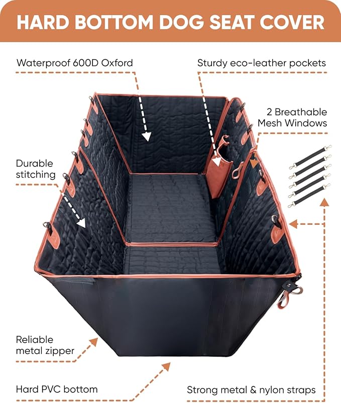 Owleys Hard Bottom Pet Seat Cover for Back Seat – Heavy Duty Waterproof Dog Hammock Bed –Travel Protector for SUVs, Sedans & Trucks – Foldable Design - 2 Pockets – Mesh Ventilation Windows