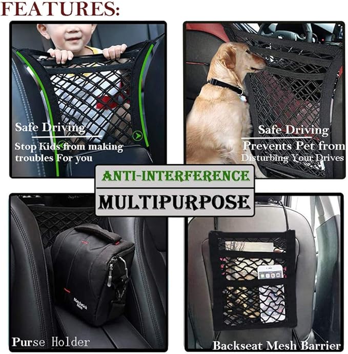 DYKESON Pet Barrier Dog Car Net Barrier with Auto Safety Mesh Organizer Baby Stretchable Storage Bag Universal for Cars, SUVs -Easy Install,Safer to Drive with Pets and Children, 3 Layer M