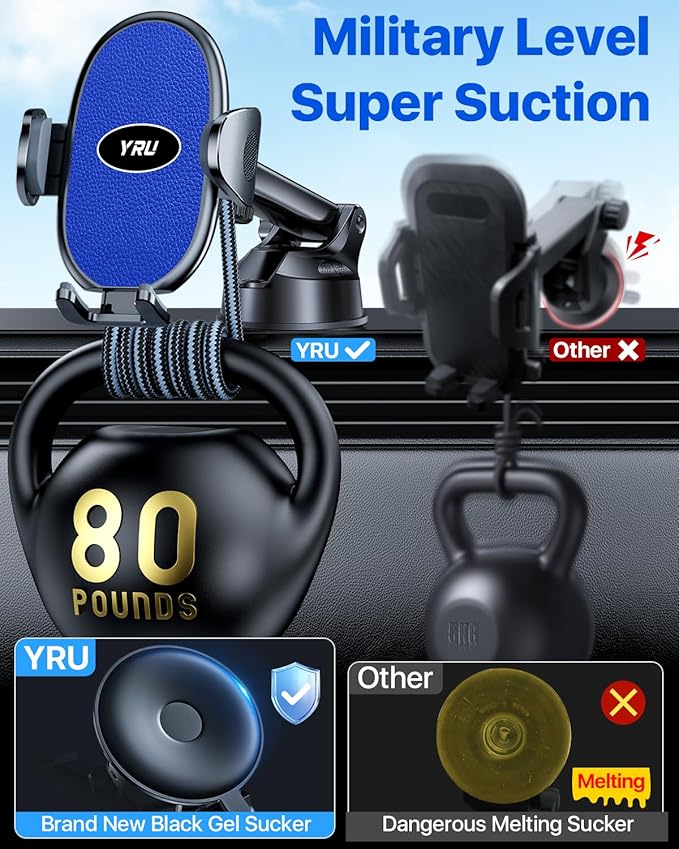 YRU [2025 Upgraded Universal Car Phone Holder Mount【360°Rotatable & Strong Suction】 Cell Phone Car Dashboard Windshield Phone Holder Dash Vent Stand for iPhone 17 16 Pro Max Samsung Truck, Star Blue