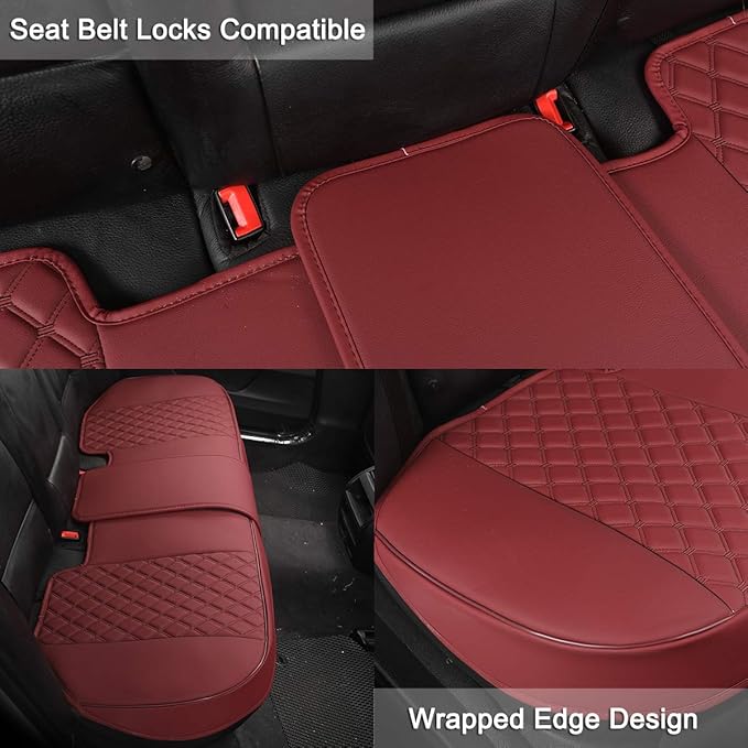 Black Panther Luxury PU Leather Rear Car Seat Cover,Compatible with Most Vehicles, Adjustable Length 49-55'', Diamond Pattern Embroidery (Wine Red)