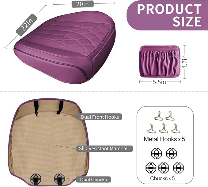 2 Pack Leather Front Car Seat Cover Bottom Car Seat, Universal Anti-Slip Driver Car Seat Protectors with Storage Pocket, Waterproof Bottom Auto Seat Cushion Pad Mat for Most Vehicles(Purple)