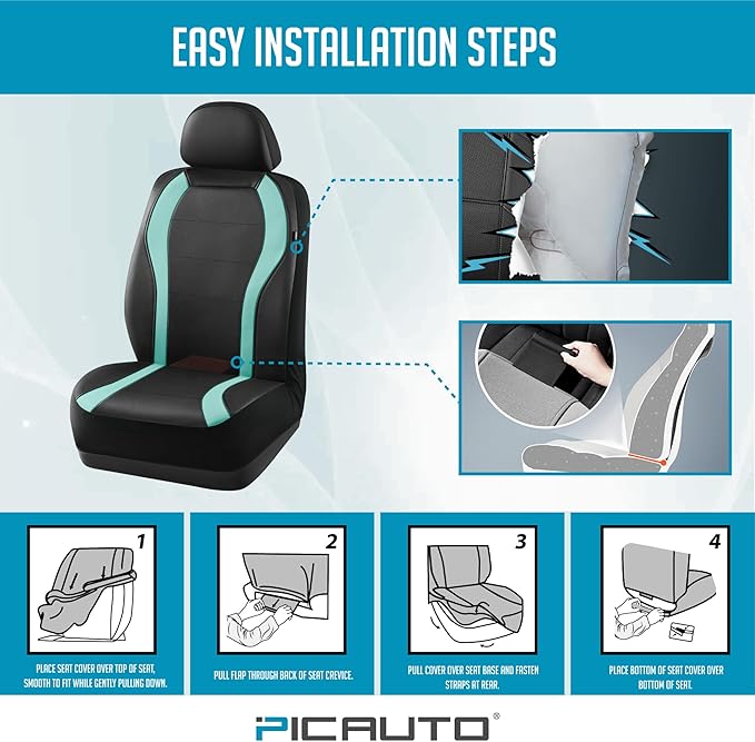 PIC AUTO Leather Car Seat Covers, Premium Automotive Waterproof Front & Rear Full Set Bucket Car Seat Protectors, Black and Mint PVC Patchwork, Fits for Cars, Trucks, Van, SUV, Airbag Compatible