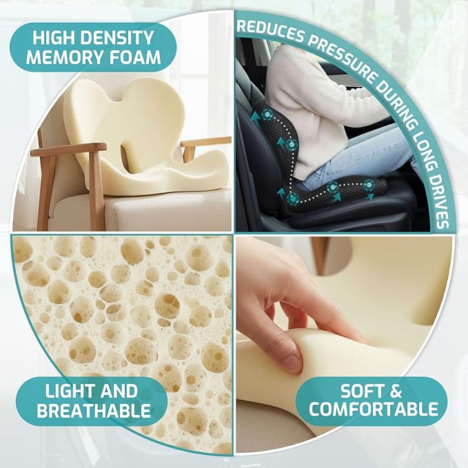 Trucker Seat Cushion, Car Seat Cushions with Lumbar Support Pillow, Ergonomic L-Shaped One Piece Memory Foam Pad for Long Driving Back Pain Sciatica Relief, Drivers Office Workers (Black+Light Gray)