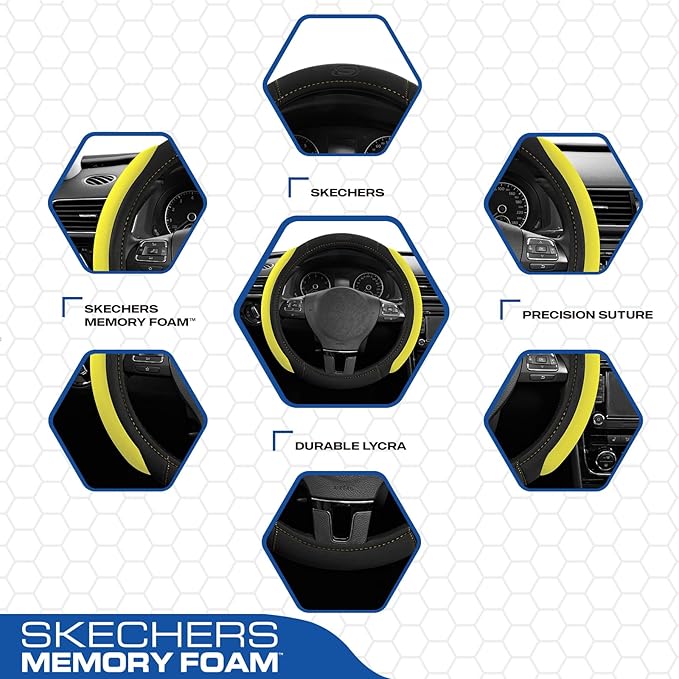 Skechers Steering Wheel Cover, Memory Foam Car Steering Wheel Cover,14.5-15inch Anti-Slip Safety Comfortable Desgin, Universal Accessory for Diverse Cars, Truck,SUV (Black & Yellow)